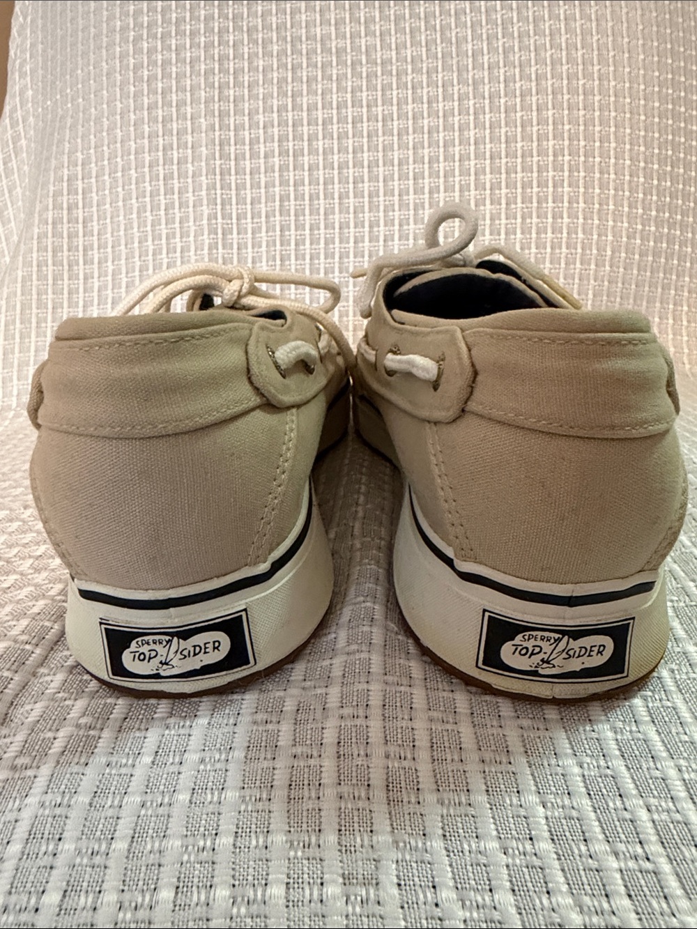 Sperry Beige Canvas Boat Shoes with White Laces - Picture 3 of 7